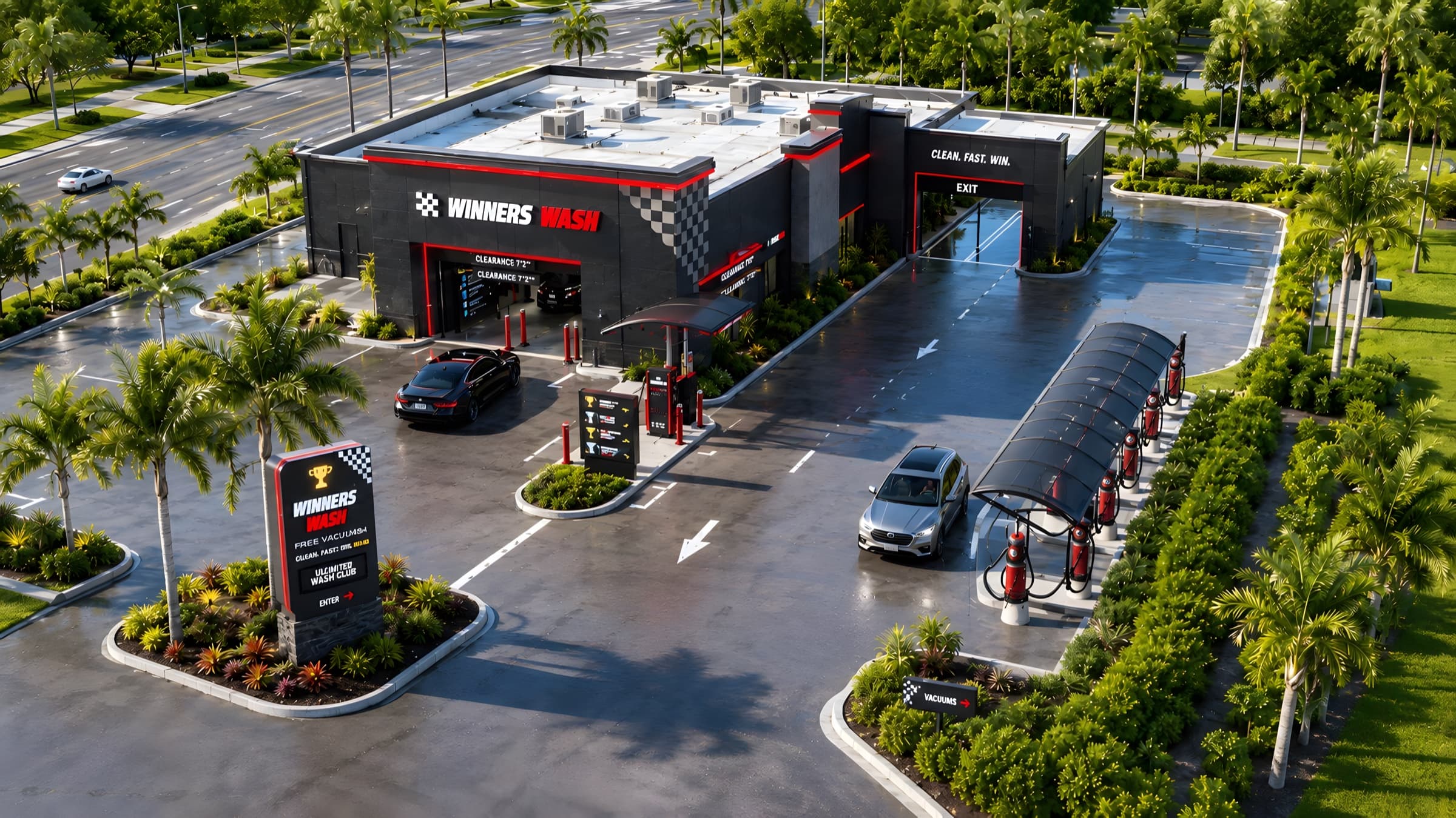 Aerial view of a Winners Wash location with dual pay lanes, the tunnel, and a covered row of free vacuums