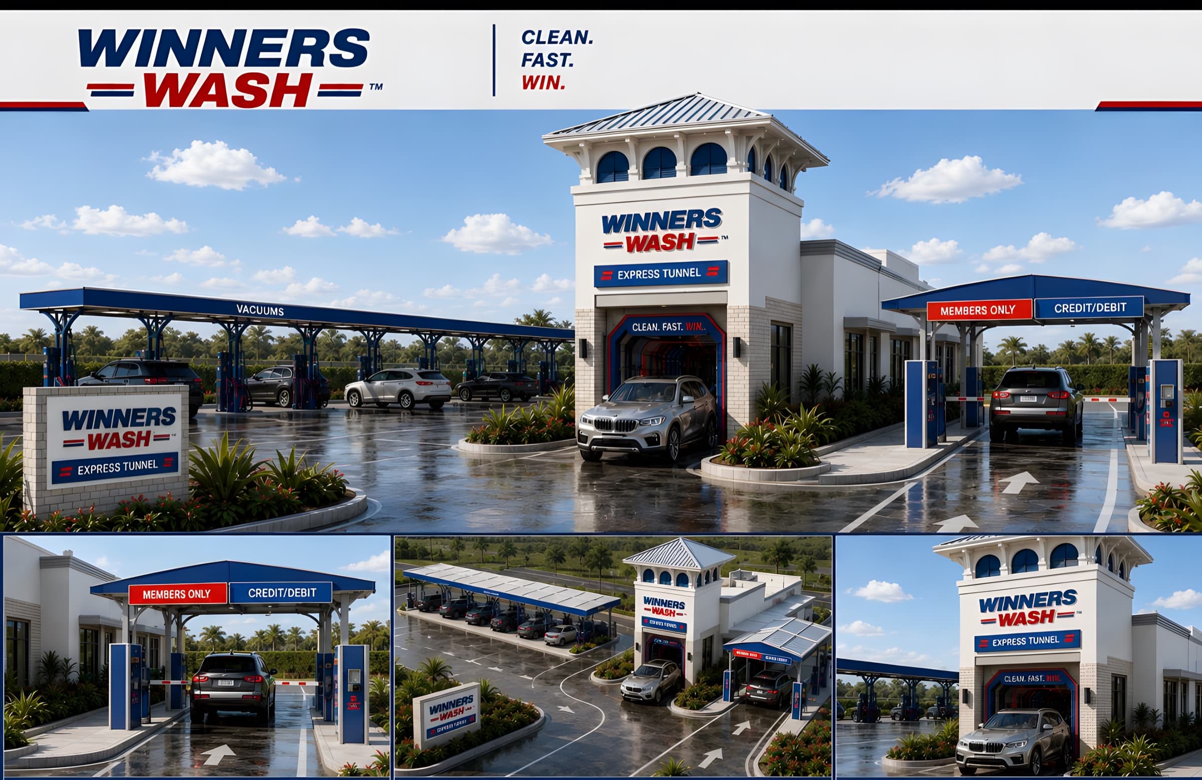 Rendering of a Winners Wash express tunnel with a covered vacuum canopy and members lane
