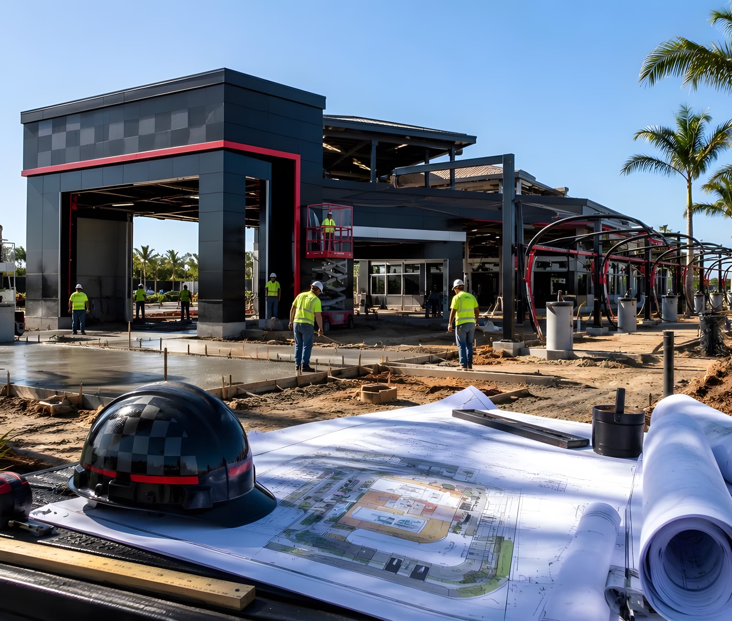 A Winners Wash under construction, the crew walking the lot with the plans