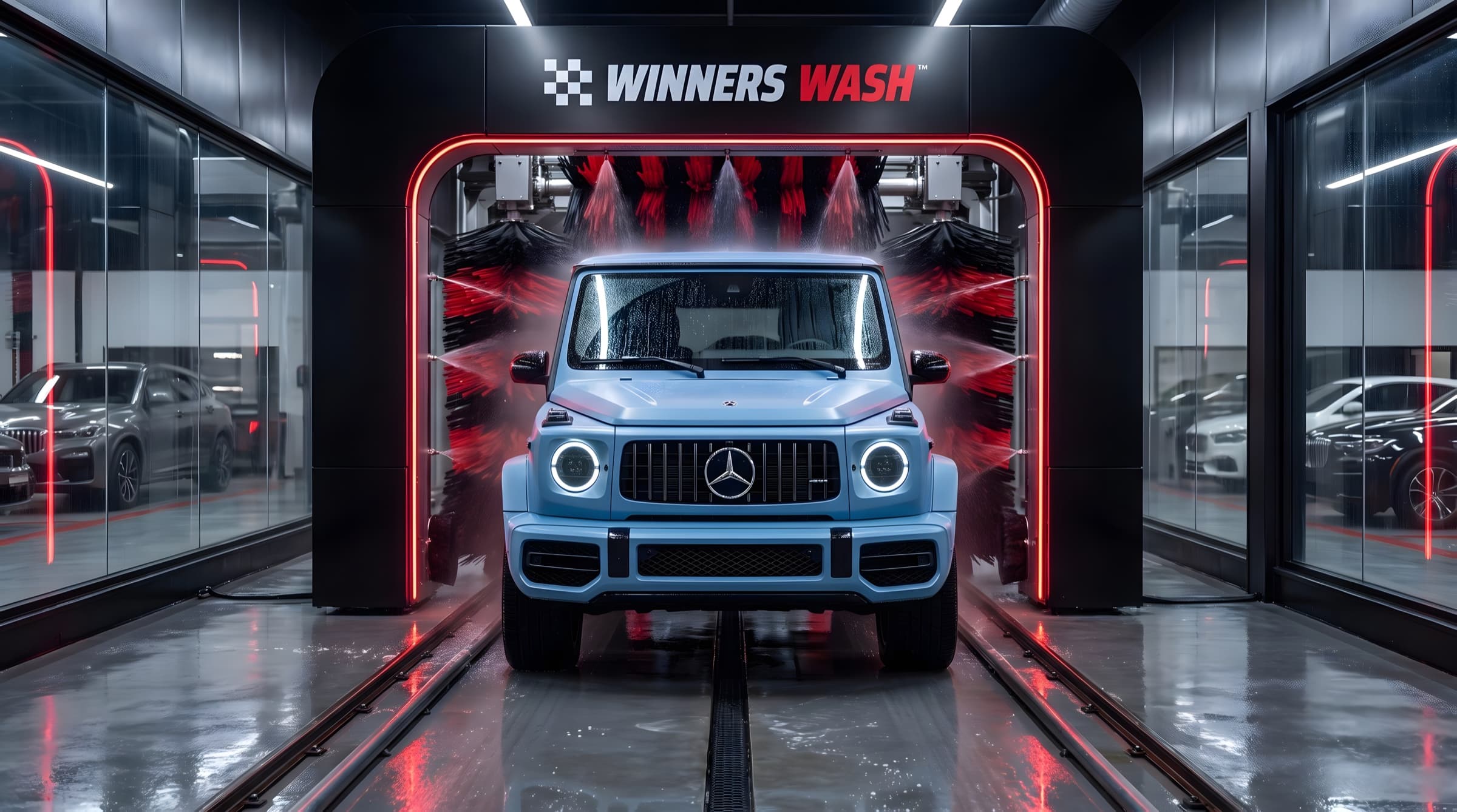 An SUV in the Winners Wash tunnel under red-lit arches