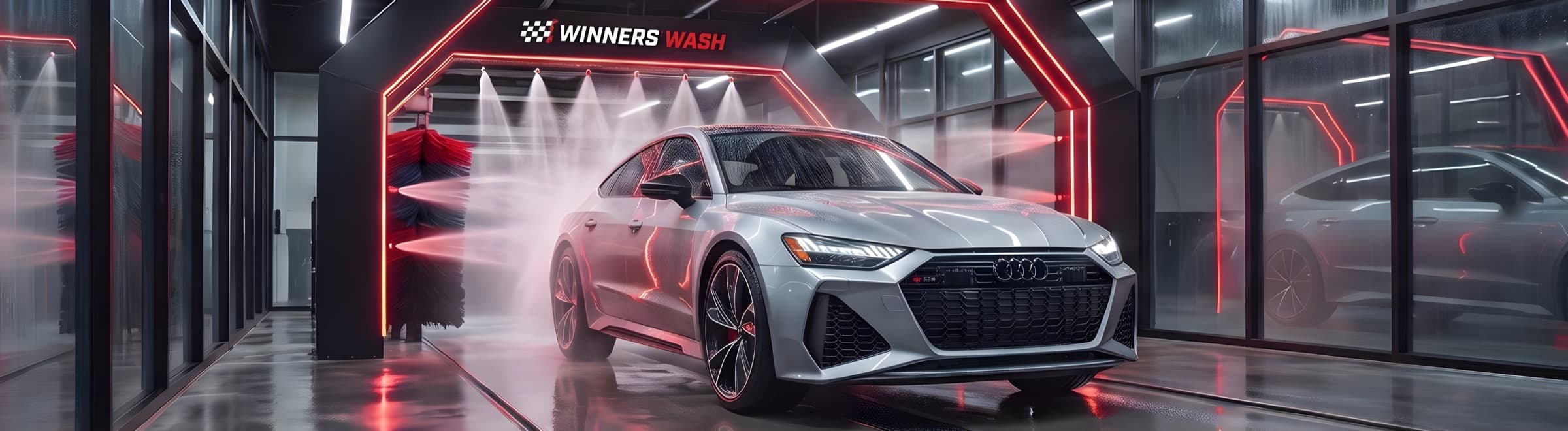 A silver sedan under the rinse arches inside the Winners Wash tunnel